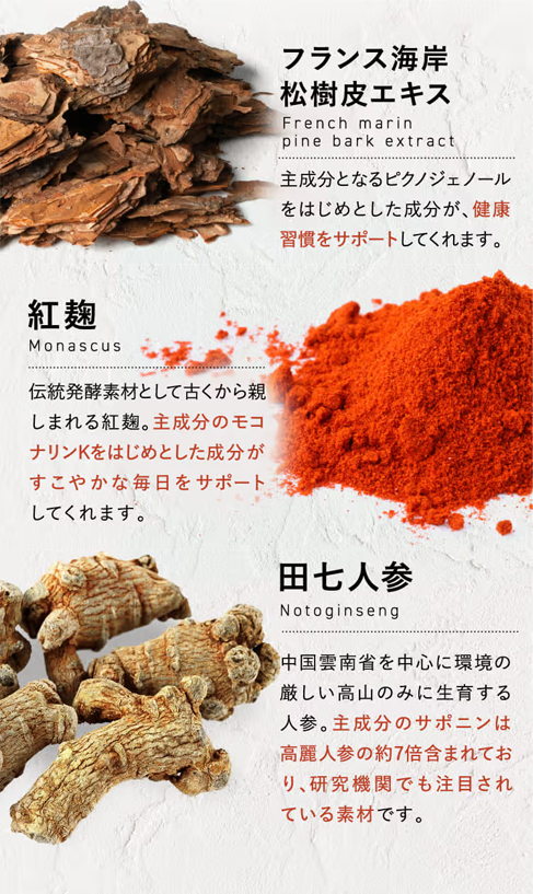 和漢植物の松樹皮・紅麹・田七ニンジンを配合