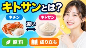 「キトサンとは?」の見出しの下に、カニと貝殻の「キチン」と、器に入った白い粉の「キトサン」を矢印で比べた図。右側で女性が微笑んで指をさし、「原料」「成り立ち」の項目も並ぶ。