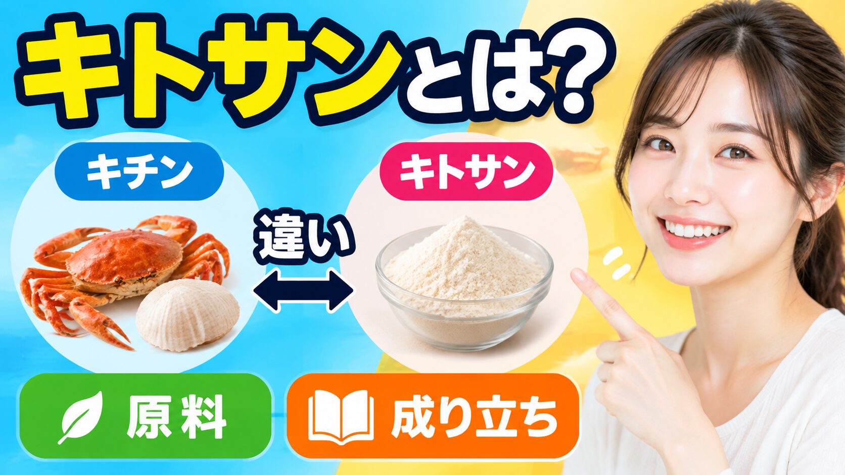 「キトサンとは?」の見出しの下に、カニと貝殻の「キチン」と、器に入った白い粉の「キトサン」を矢印で比べた図。右側で女性が微笑んで指をさし、「原料」「成り立ち」の項目も並ぶ。