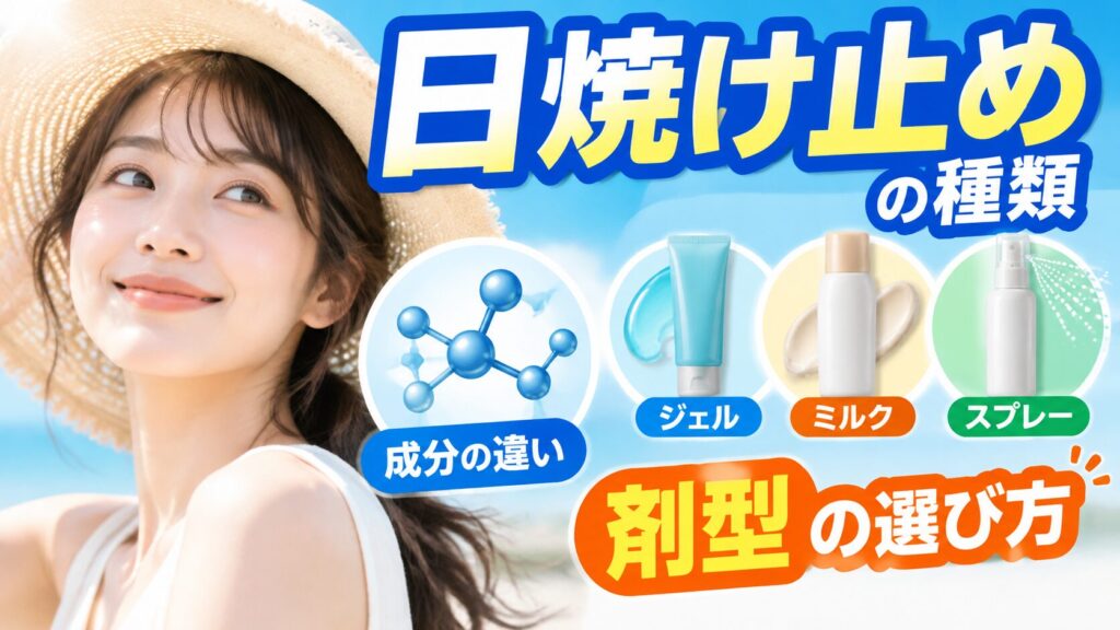 麦わら帽子をかぶった笑顔の女性の横に「日焼け止めの種類」「剤型の選び方」の文字。成分の違いを示す分子のイラストと、ジェル・ミルク・スプレーの容器が並ぶ。