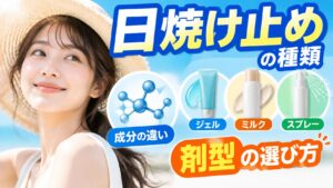 麦わら帽子をかぶった笑顔の女性の横に「日焼け止めの種類」「剤型の選び方」の文字。成分の違いを示す分子のイラストと、ジェル・ミルク・スプレーの容器が並ぶ。