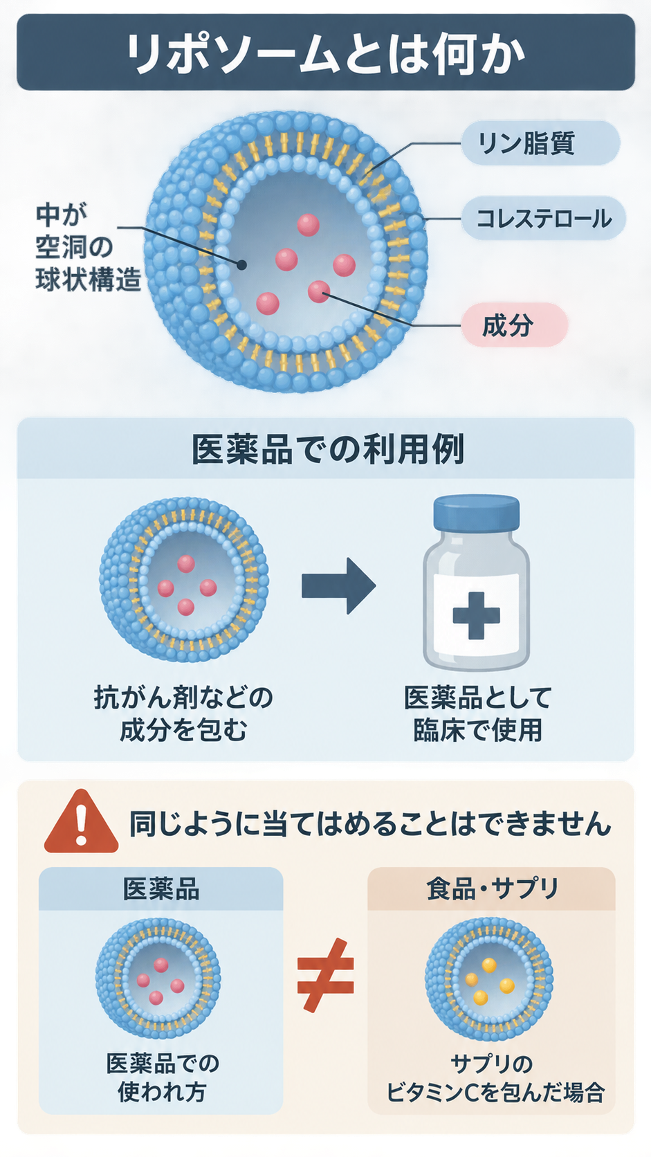中が空洞の球状構造にリン脂質、コレステロール、成分を示した図。下段で医薬品での利用例を示し、医薬品とサプリのビタミンCを包んだ場合は同じように当てはめられないと注意している。
