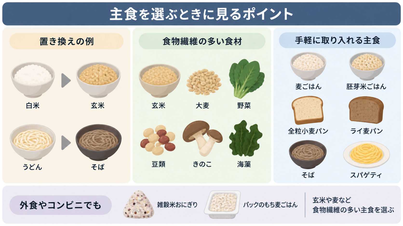 白米から玄米、うどんからそばへの置き換え例、食物繊維の多い食材、手軽に取り入れる主食、雑穀米おにぎりやパックのもち麦ごはんをイラストで並べた図。