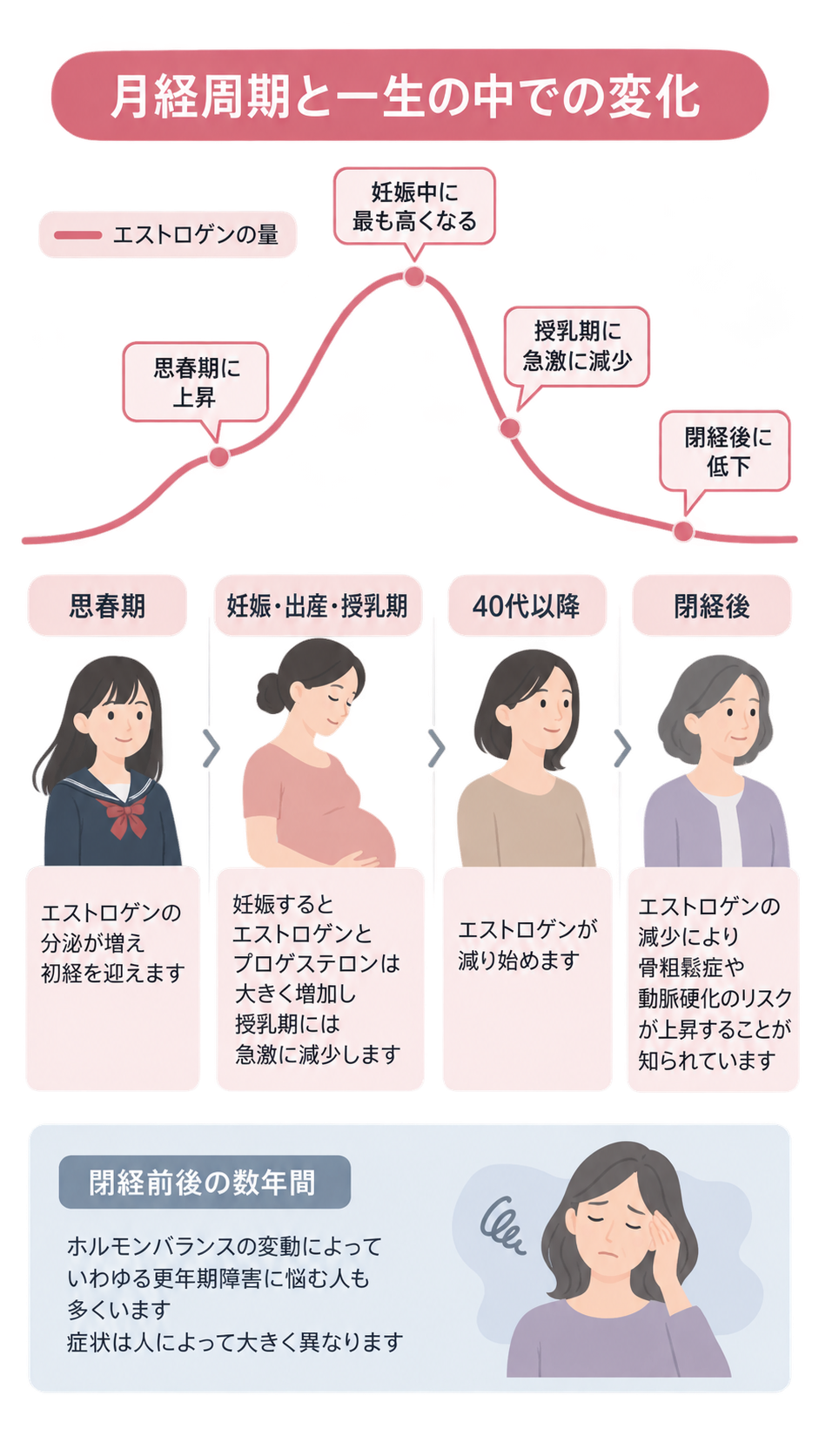 エストロゲン量の推移を示す曲線のグラフと、思春期・妊娠出産授乳期・40代以降・閉経後の女性のイラスト。下部に閉経前後の更年期障害の説明がある。