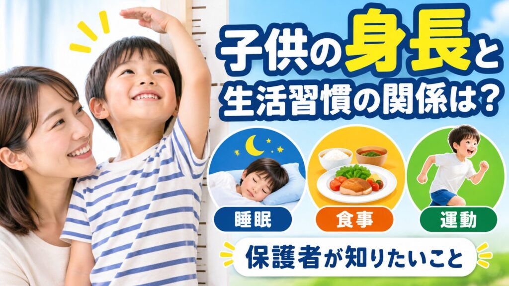 身長計に手を伸ばして笑う男の子とそれを見守る母親。右側に「子供の身長と生活習慣の関係は?」の文字と、睡眠・食事・運動の3つのイラスト、「保護者が知りたいこと」の表示がある。