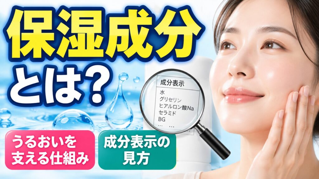 「保湿成分とは?」の大きな文字と、頬に手を添えて微笑む女性。虫眼鏡で拡大した成分表示には水、グリセリン、ヒアルロン酸Na、セラミド、BGと書かれ、背景には水滴が広がる。