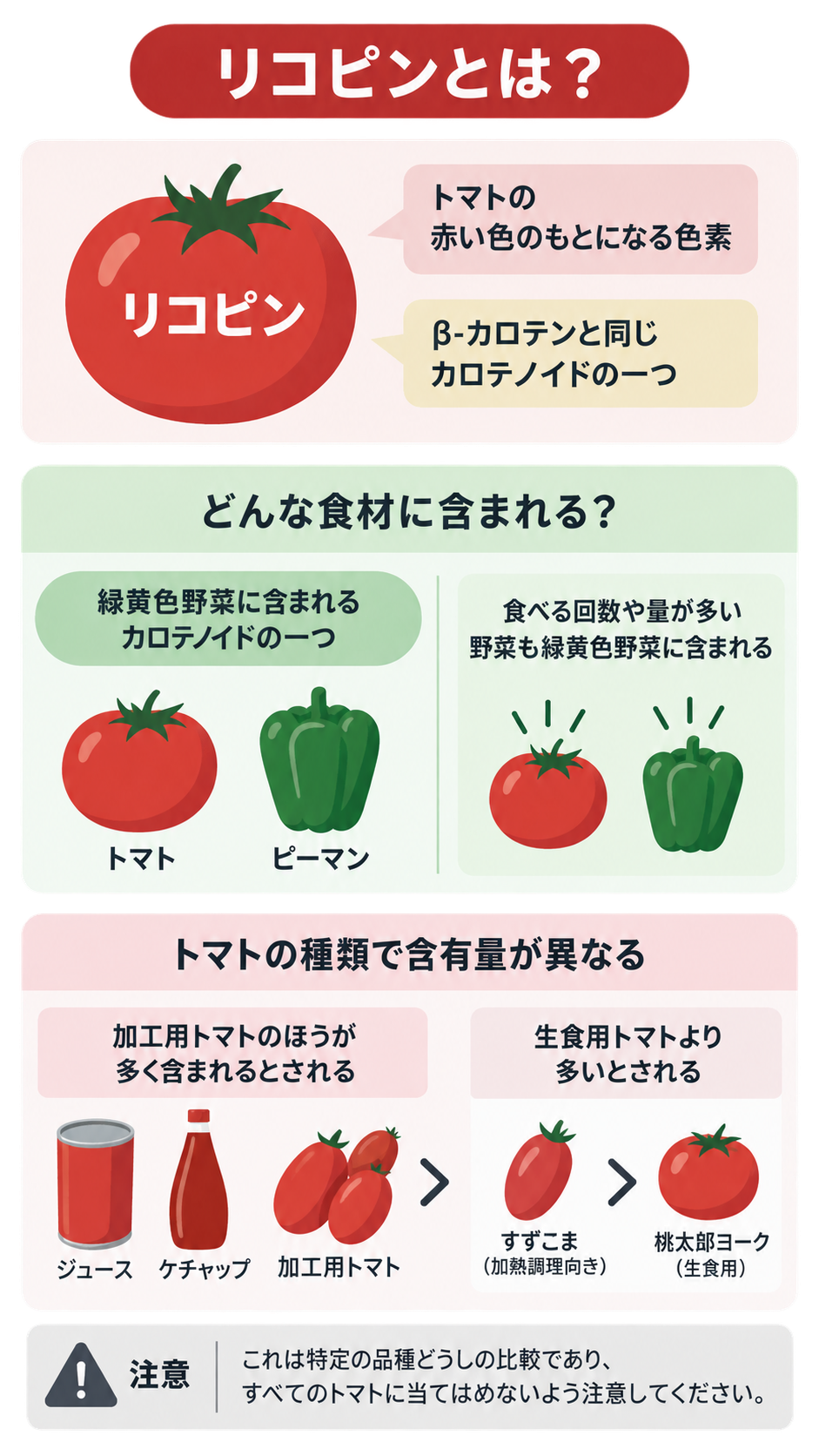 リコピンがトマトの赤い色素でカロテノイドの一つであることを、トマトとピーマンのイラスト、加工用トマトと生食用トマトの含有量の比較、注意書きで説明した図解。