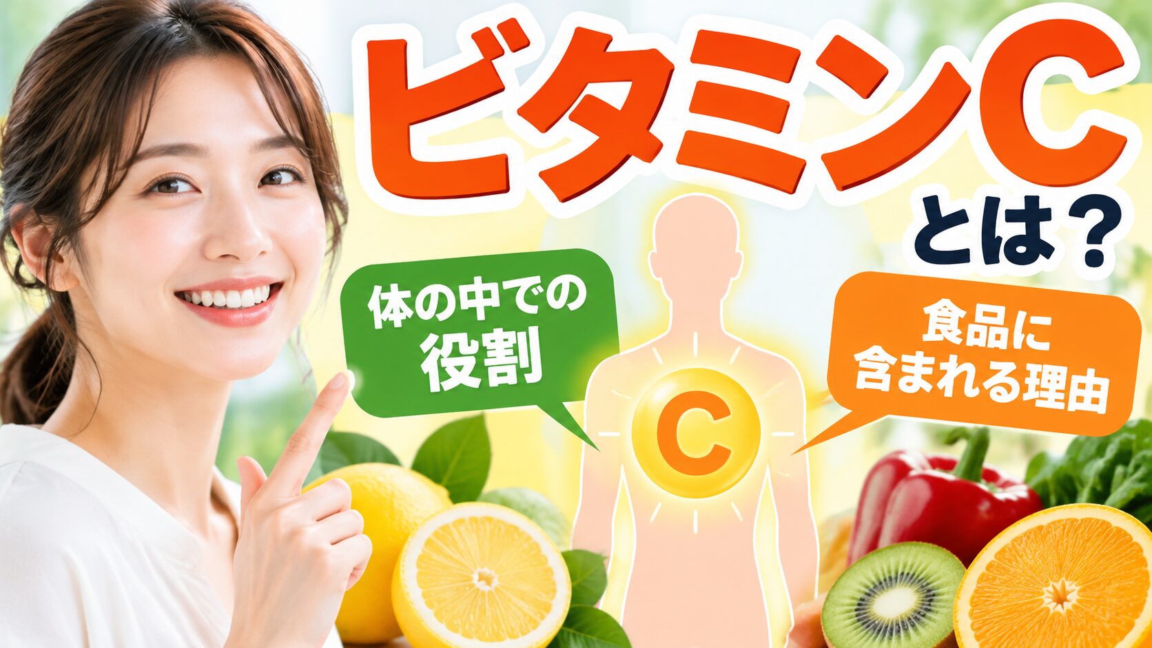 笑顔の女性が指さす先に、胸にCの文字が光る人体のシルエットがあり、レモンやオレンジ、キウイ、赤パプリカが並ぶ。「ビタミンCとは?」「体の中での役割」「食品に含まれる理由」の文字入り。
