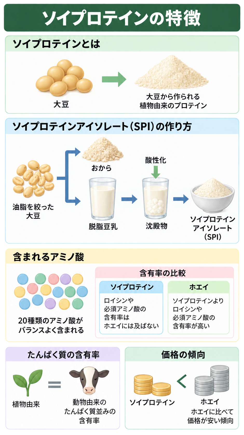 大豆から作るソイプロテインの定義、SPIの製造手順、ホエイとのアミノ酸含有率や価格の比較を、イラストでまとめた図解。
