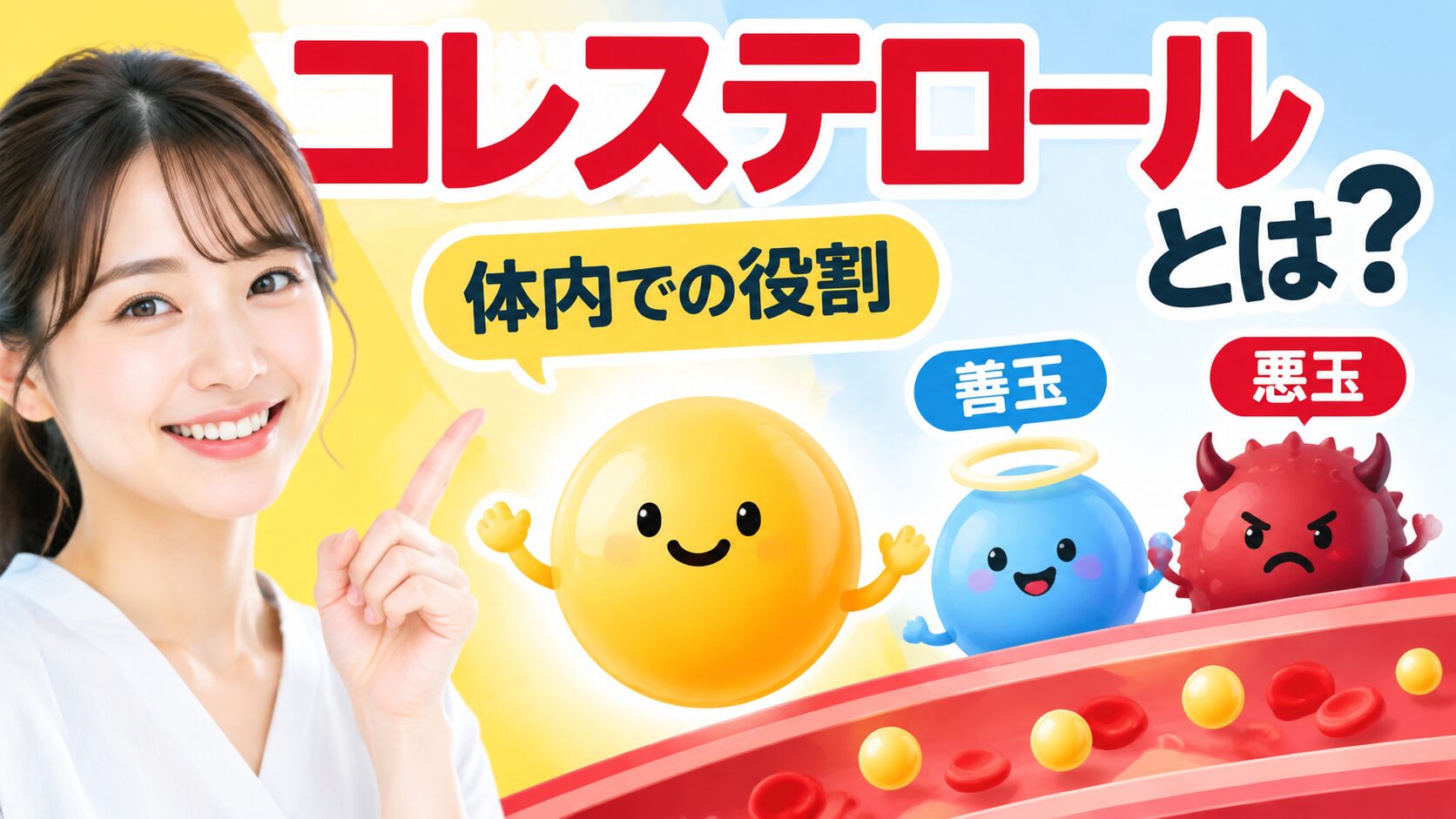 微笑んで指を立てる女性と、黄色い丸いキャラクター、天使の輪をつけた青い善玉、角のある赤い悪玉が血管の上に並ぶ解説用イラスト。「コレステロールとは?」「体内での役割」の文字入り。