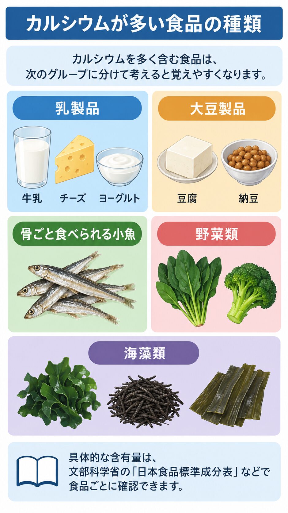 乳製品、大豆製品、骨ごと食べられる小魚、野菜類、海藻類の5グループに分け、牛乳・チーズ・豆腐・納豆・小魚・ほうれん草・ブロッコリー・海藻をイラストで並べた図。下部に含有量の確認先の注記がある。