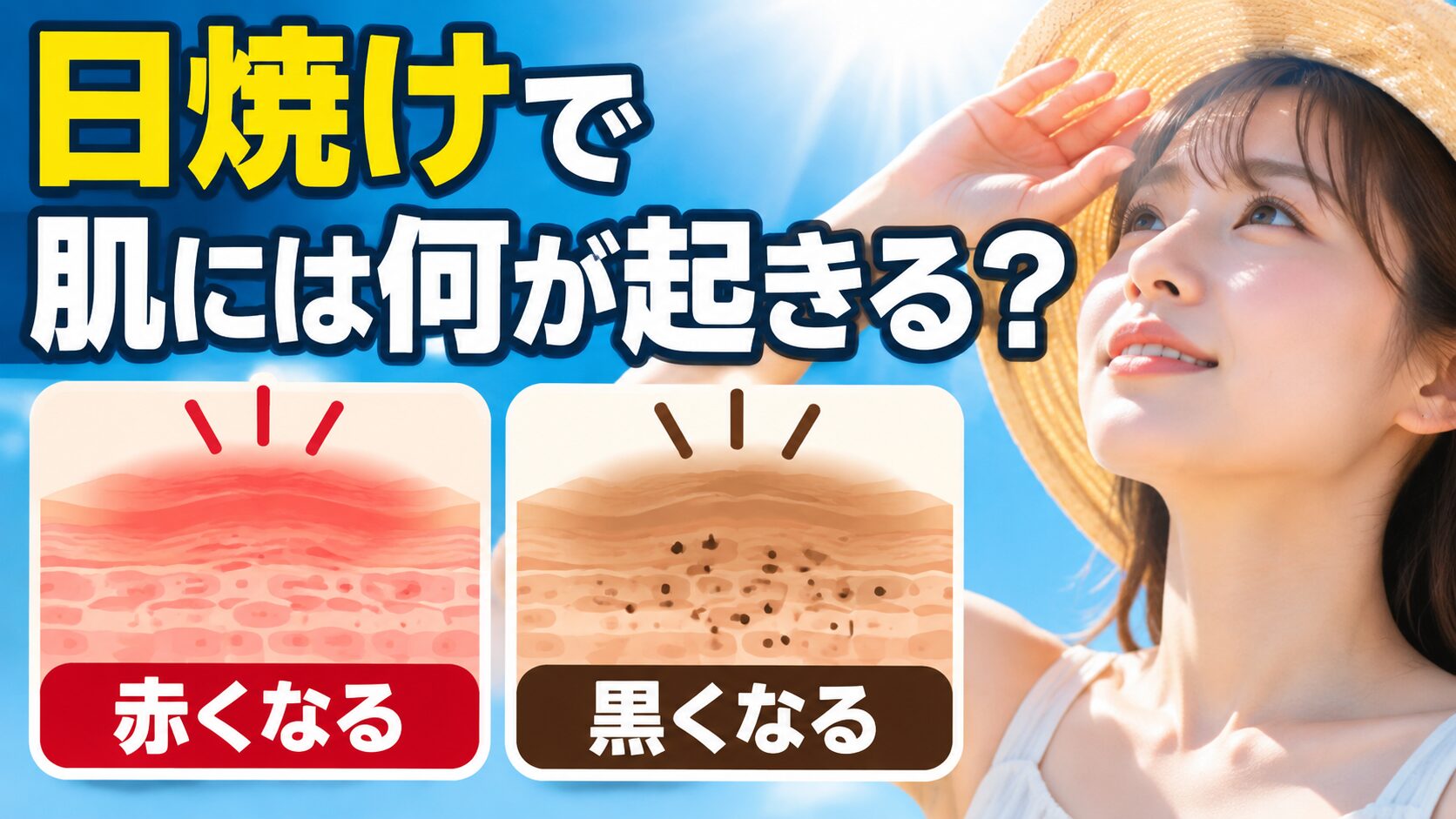 麦わら帽子の女性が青空の太陽を見上げ、「日焼けで肌には何が起きる?」の文字と、肌断面の「赤くなる」「黒くなる」2つの図が並ぶ。