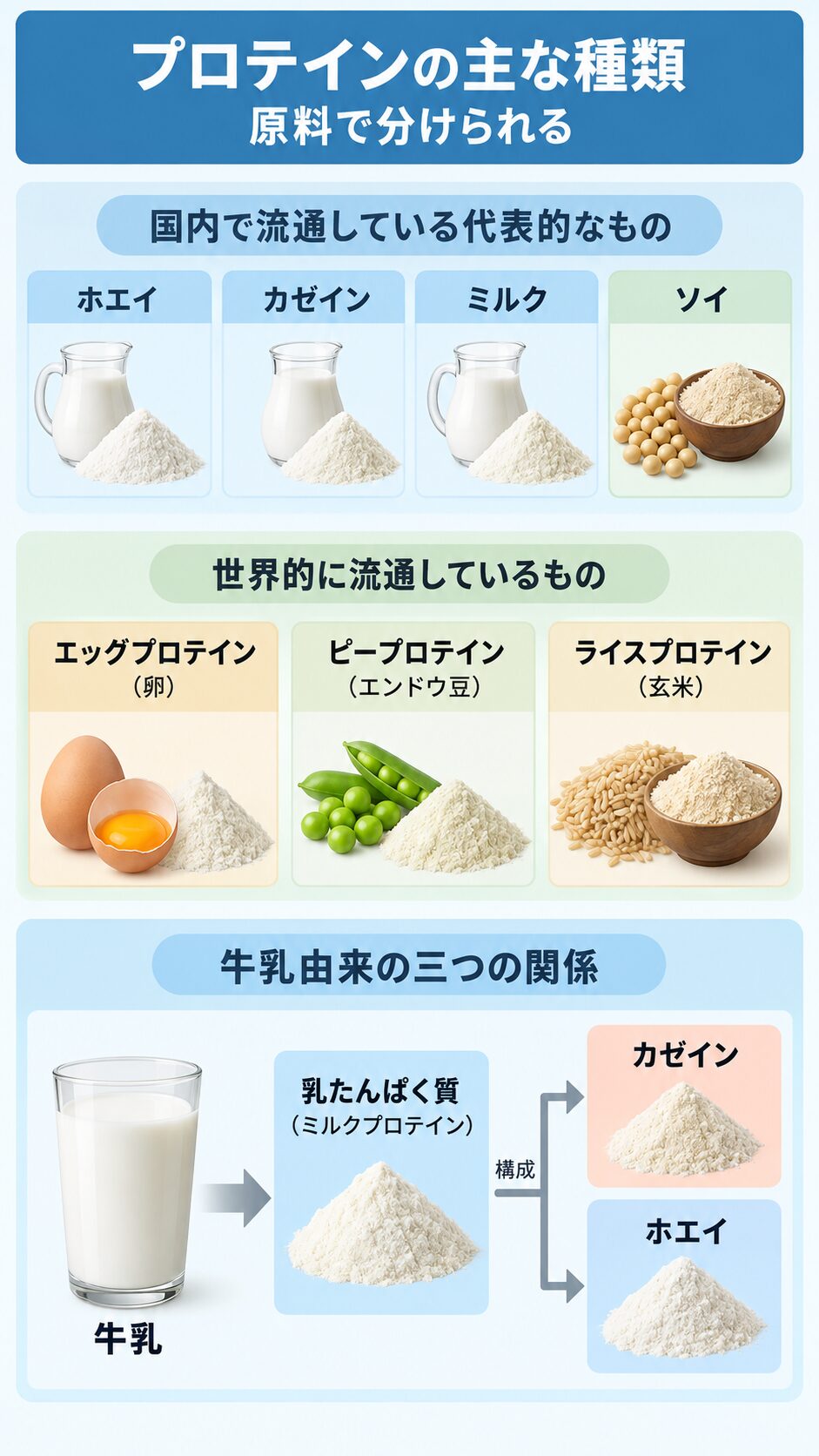 プロテインを原料別に示した図。国内流通のホエイ、カゼイン、ミルク、ソイと、世界流通のエッグ、ピー、ライスを紹介し、牛乳から乳たんぱく質、カゼインとホエイへの構成も示す。