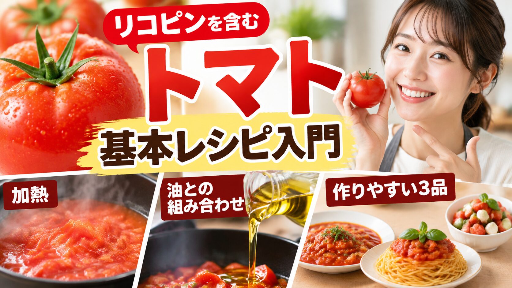 トマトを持って微笑む女性と、加熱したトマト、油を注ぐ鍋、トマトソースのパスタなど3品を並べた「トマト基本レシピ入門」の紹介画像。