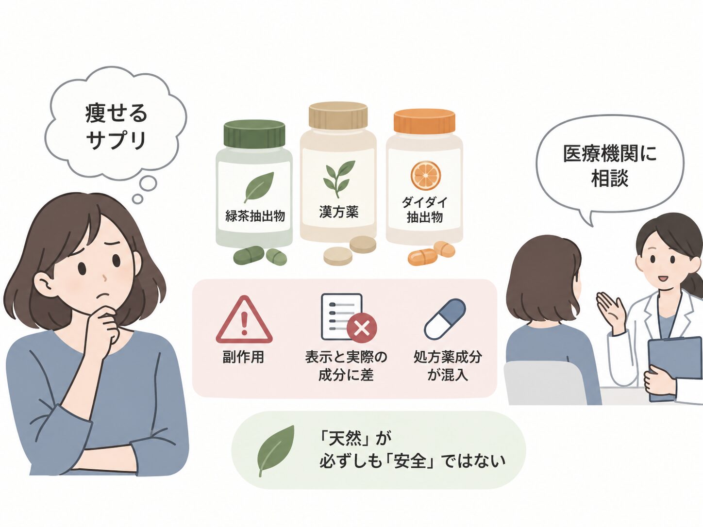 「痩せるサプリ」を考え込む女性と、緑茶抽出物・漢方薬・ダイダイ抽出物のサプリ瓶。副作用、表示と実際の成分の差、処方薬成分の混入、「天然」が必ずしも「安全」ではない点、医療機関への相談を示している。