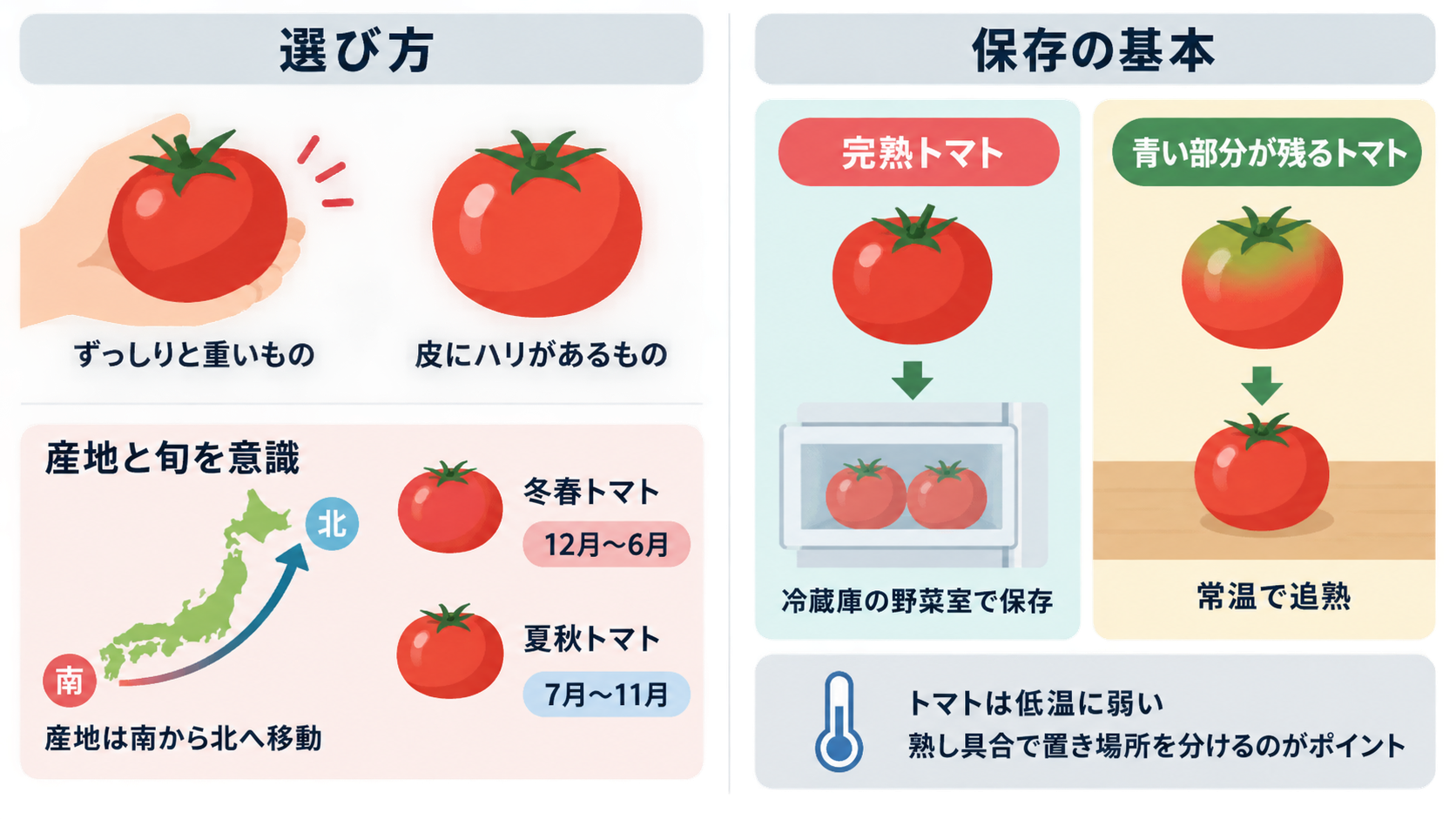 左に重さやハリなどの選び方と産地・旬の時期、右に完熟トマトは野菜室、青い部分が残るトマトは常温で追熟という保存方法を示した図解。