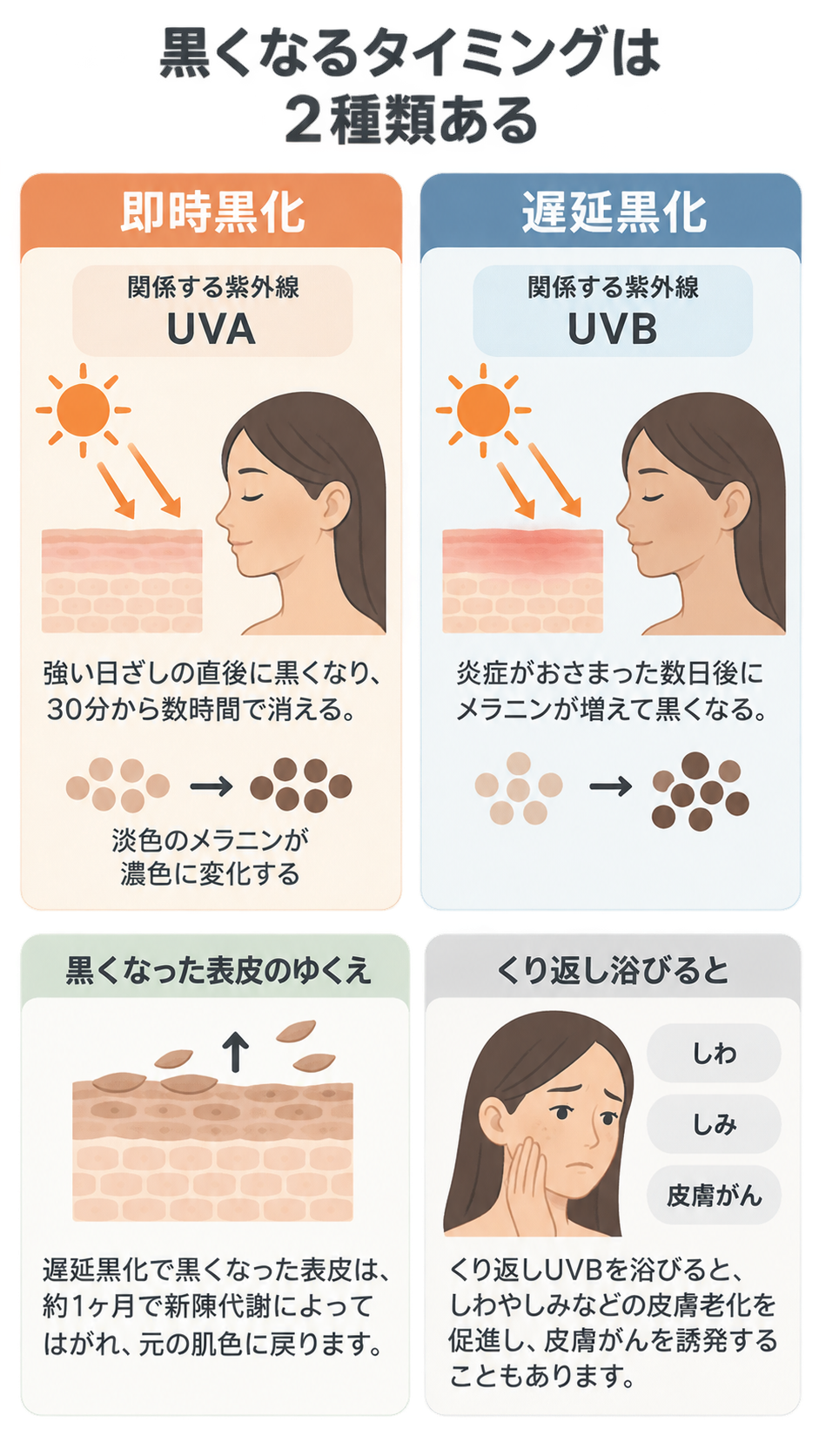 日焼けで黒くなる2つのタイミングを比較した図。即時黒化はUVAで淡色メラニンが濃色に変わり、遅延黒化はUVBで数日後にメラニンが増える。下段は表皮のゆくえと、くり返し浴びた場合のしわ・しみ・皮膚がんを示す。