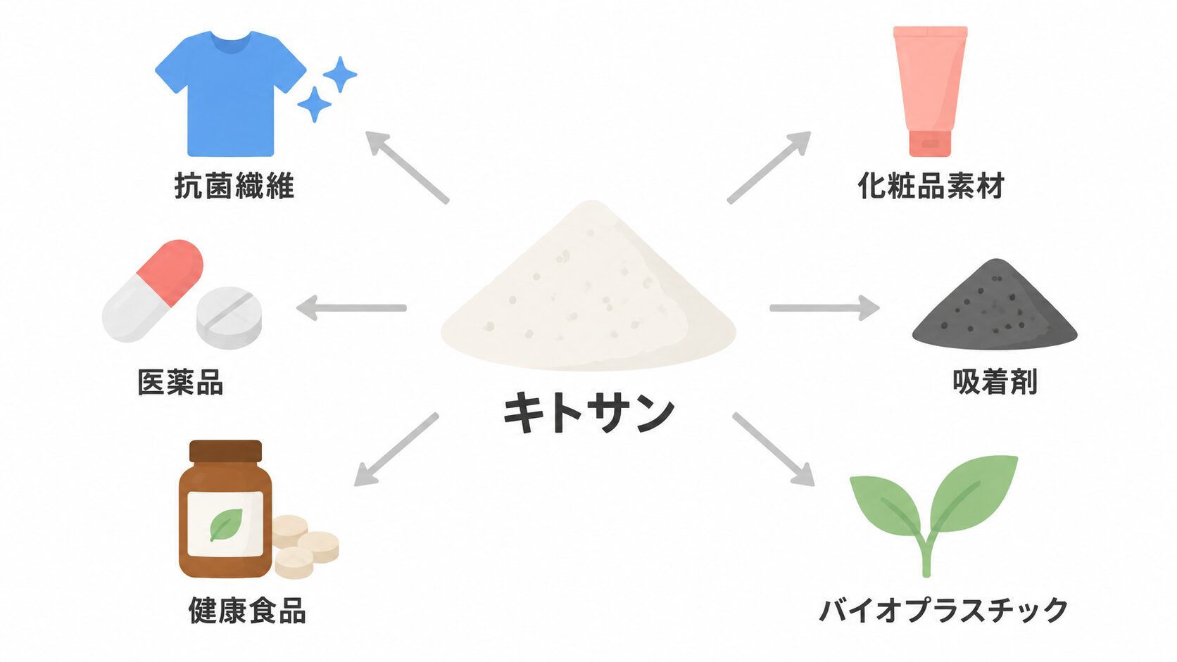 中央の白い粉末「キトサン」から、抗菌繊維、化粧品素材、医薬品、吸着剤、健康食品、バイオプラスチックの6つの用途へ矢印が伸びる図。