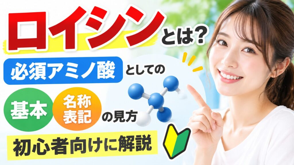 「ロイシンとは?」「必須アミノ酸としての基本・名称表記の見方」「初心者向けに解説」の文字と、青い分子模型、初心者マーク、微笑んで指をさす女性のイラスト。