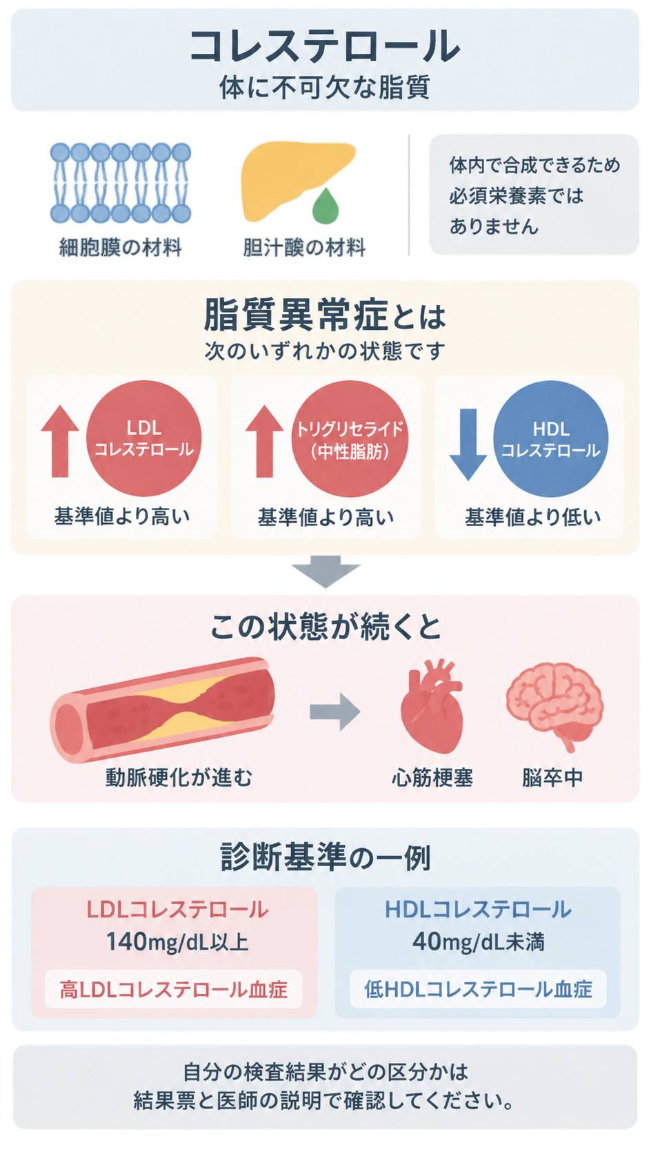 コレステロールが細胞膜や胆汁酸の材料になること、LDLやトリグリセライドが高い、HDLが低い状態を脂質異常症とすること、動脈硬化から心筋梗塞や脳卒中に至る流れ、診断基準の一例をまとめた図。