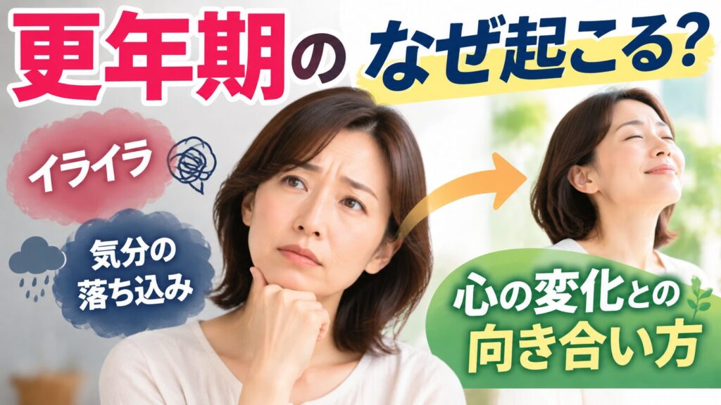 顎に手を当てて悩む女性と、目を閉じて穏やかに微笑む女性が矢印で結ばれ、「イライラ」「気分の落ち込み」「心の変化との向き合い方」の文字が添えられた図。