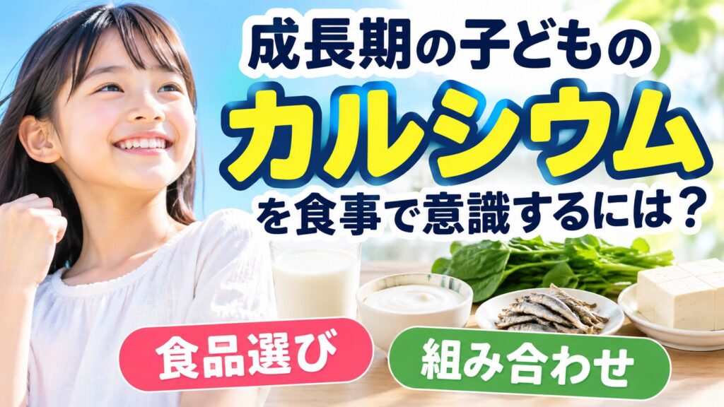 拳を握って笑顔で上を見る女の子と、牛乳、ヨーグルト、煮干し、青菜、豆腐が並ぶバナー。「成長期の子どものカルシウムを食事で意識するには?」「食品選び」「組み合わせ」の文字が入っている。