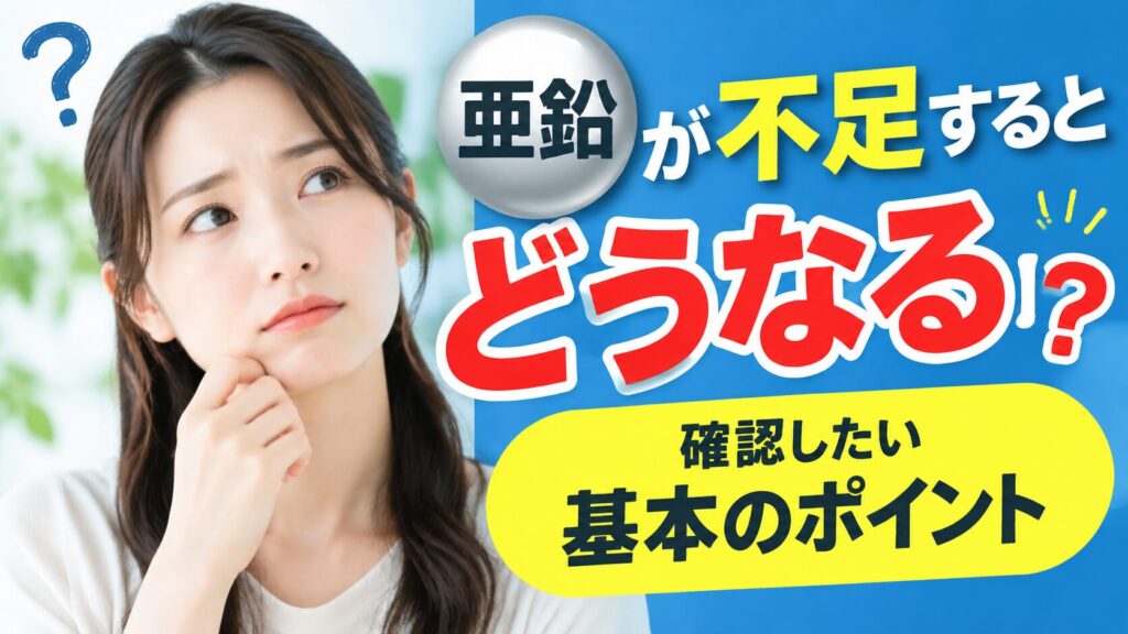 頬に手を当てて考え込む女性と、「亜鉛が不足するとどうなる!?」「確認したい基本のポイント」という文字が青と黄色の背景に大きく入ったアイキャッチ。