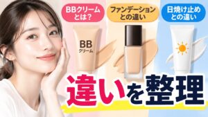 頬に手を添えて微笑む女性と、BBクリーム、ファンデーション、日焼け止めの3つの製品が並び、「違いを整理」と大きく書かれた解説用イラスト。