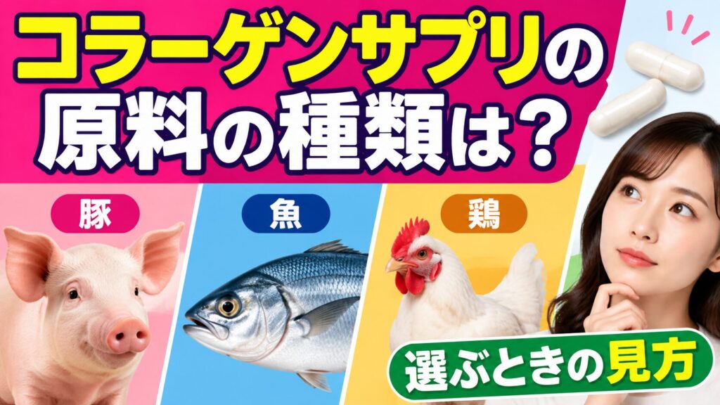 「コラーゲンサプリの原料の種類は?」の見出しの下に、豚・魚・鶏の写真が並び、右側で白いカプセルを見ながら考える女性と「選ぶときの見方」の文字がある。