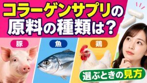 「コラーゲンサプリの原料の種類は?」の見出しの下に、豚・魚・鶏の写真が並び、右側で白いカプセルを見ながら考える女性と「選ぶときの見方」の文字がある。