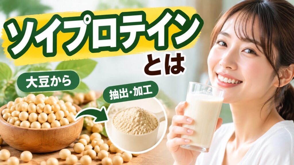「ソイプロテインとは」の文字と、木の器の大豆から矢印で粉末の入ったスプーンへ「抽出・加工」と示す図。右で女性が白い飲み物のグラスを持って笑顔を見せている。