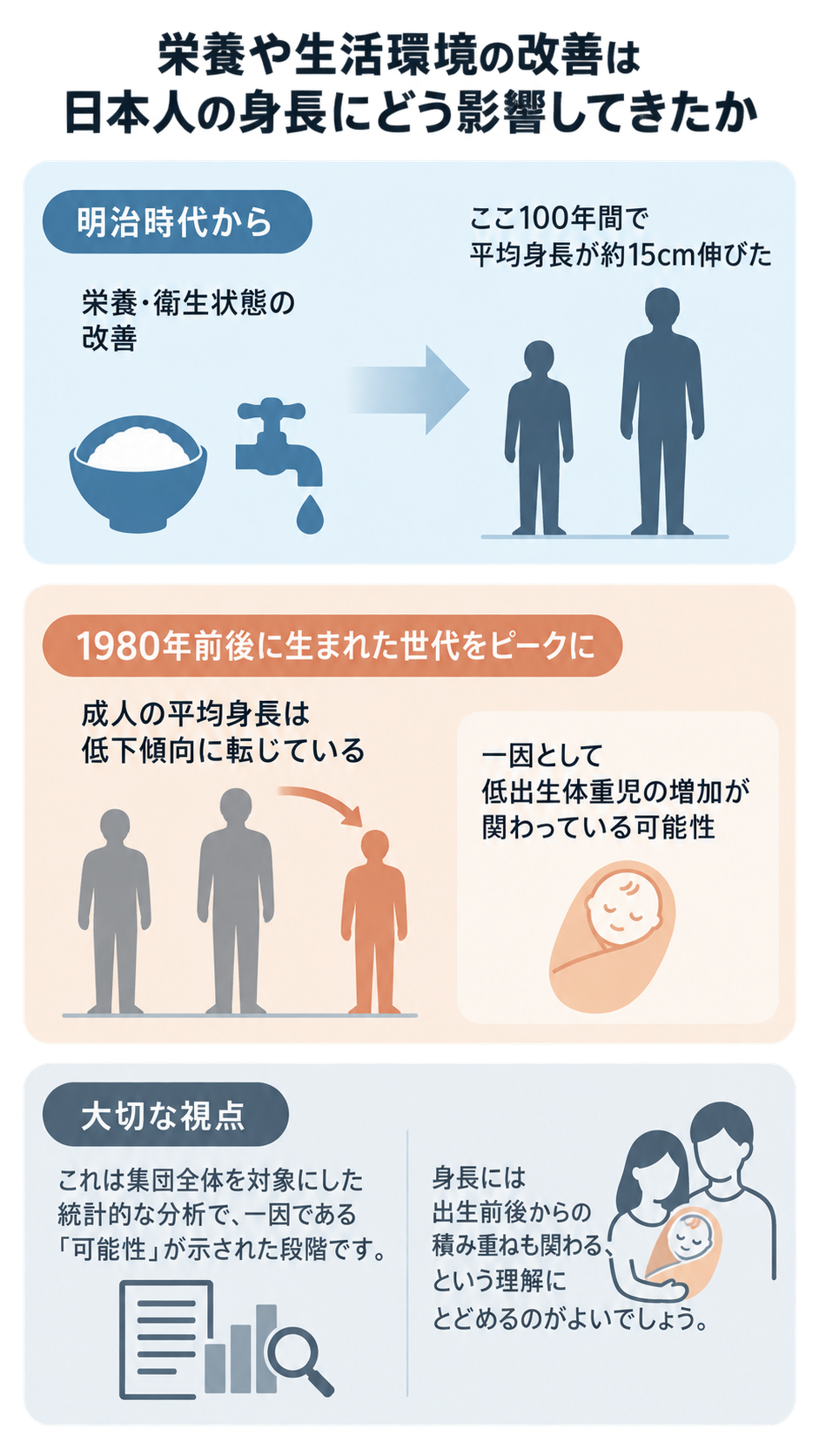 明治時代からの栄養・衛生改善で100年間に平均身長が約15cm伸びた一方、1980年前後生まれをピークに成人の平均身長が低下傾向にあり、低出生体重児の増加が一因の可能性と示す3段構成の図解。