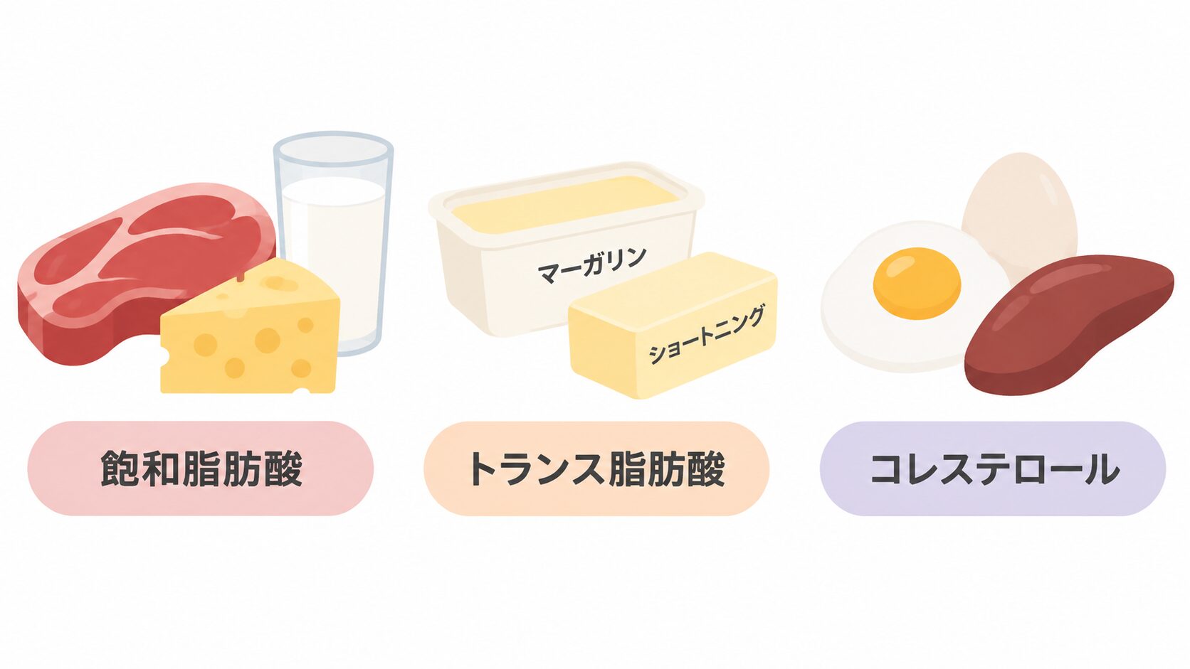 肉・チーズ・牛乳が「飽和脂肪酸」、マーガリンとショートニングが「トランス脂肪酸」、卵と赤茶色の食材が「コレステロール」のラベルと共に3つに分けて描かれたイラスト。