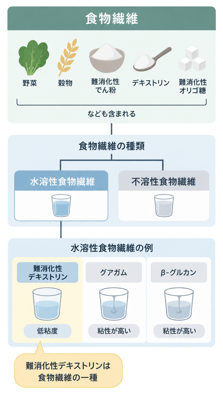 食物繊維に野菜、穀物、難消化性でんぷん、デキストリン、難消化性オリゴ糖などが含まれ、水溶性と不溶性に分かれることを示す図。水溶性の例として、低粘度の難消化性デキストリンと、粘性が高いグアガム、β-グルカンを比較している。