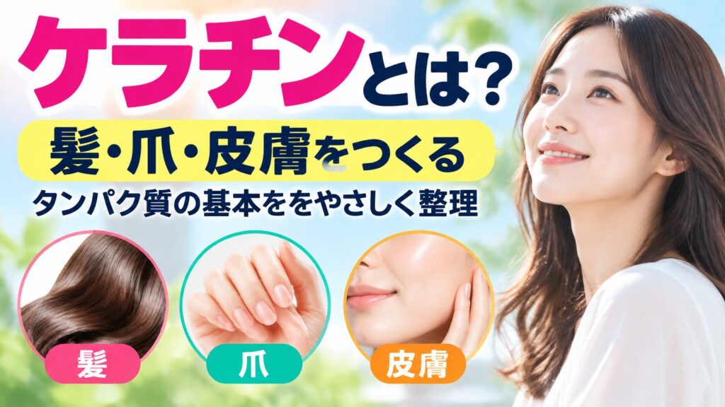 「ケラチンとは?髪・爪・皮膚をつくる」の見出しと、空を見上げて微笑む女性。下部に髪、爪、皮膚を示す3つの円形写真が並ぶ。