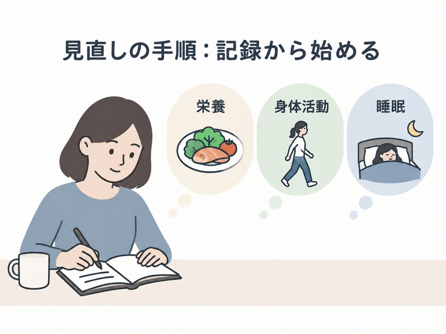 見出し「見直しの手順:記録から始める」の下で、女性がノートに書き込んでいる。吹き出しに「栄養」「身体活動」「睡眠」を表す食事、歩く人、就寝する人が描かれている。