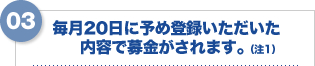 毎月20日に予め登録いただいた内容で募金されます。